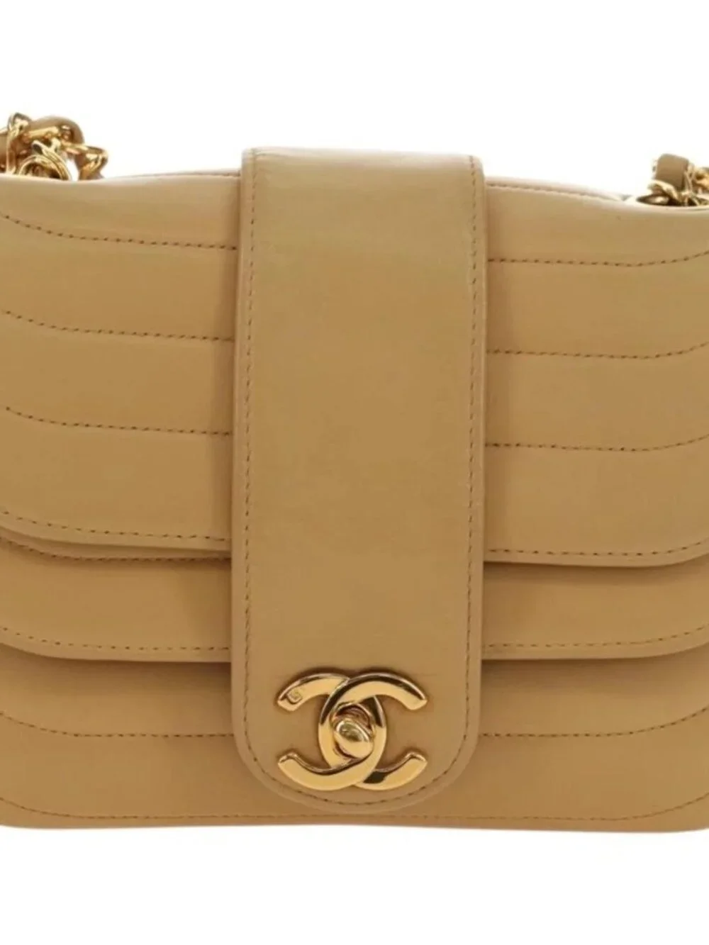 CHANEL Chain Shoulder Bag Lamb Skin Beige Gold CC Auth 182904SAV